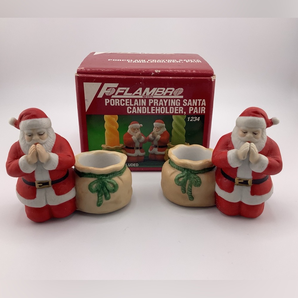 Vintage 1992 Flambro Christmas Procelain Praying Santa Candleholder Pair